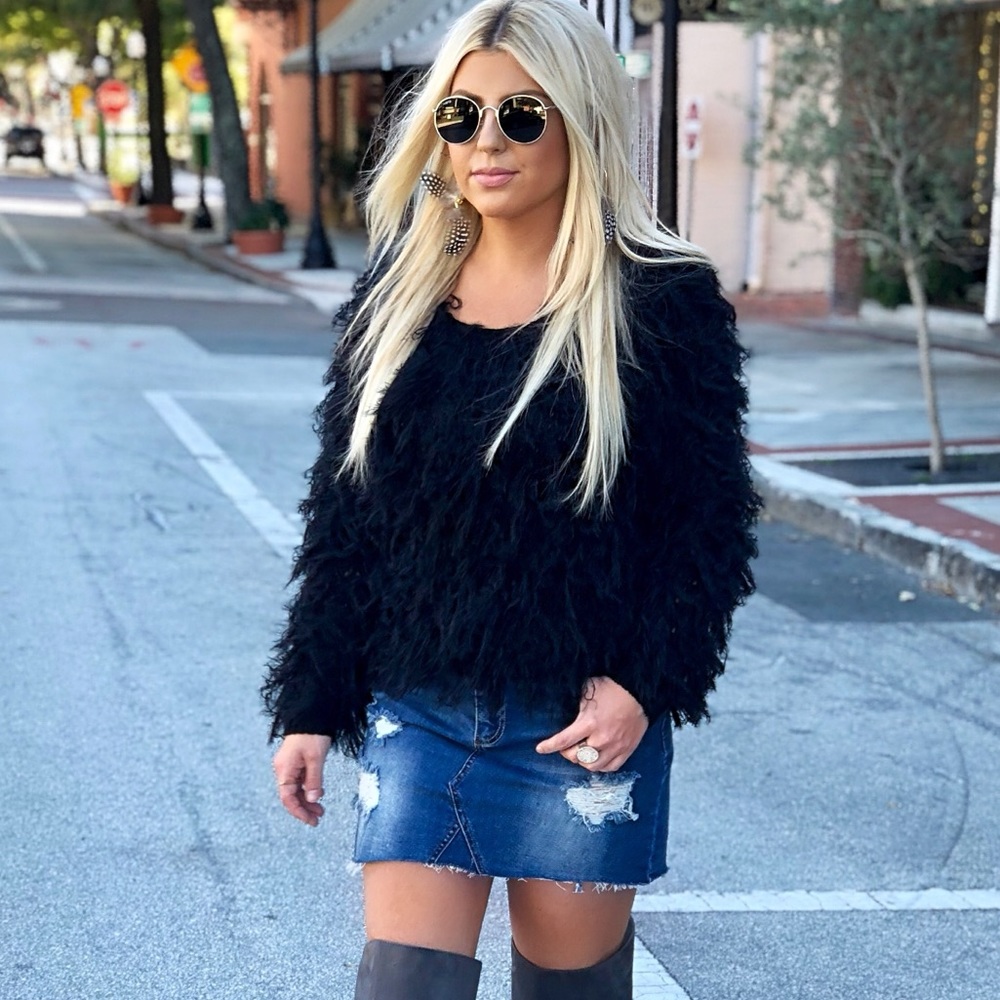 Black, shaggy, fringe sweater